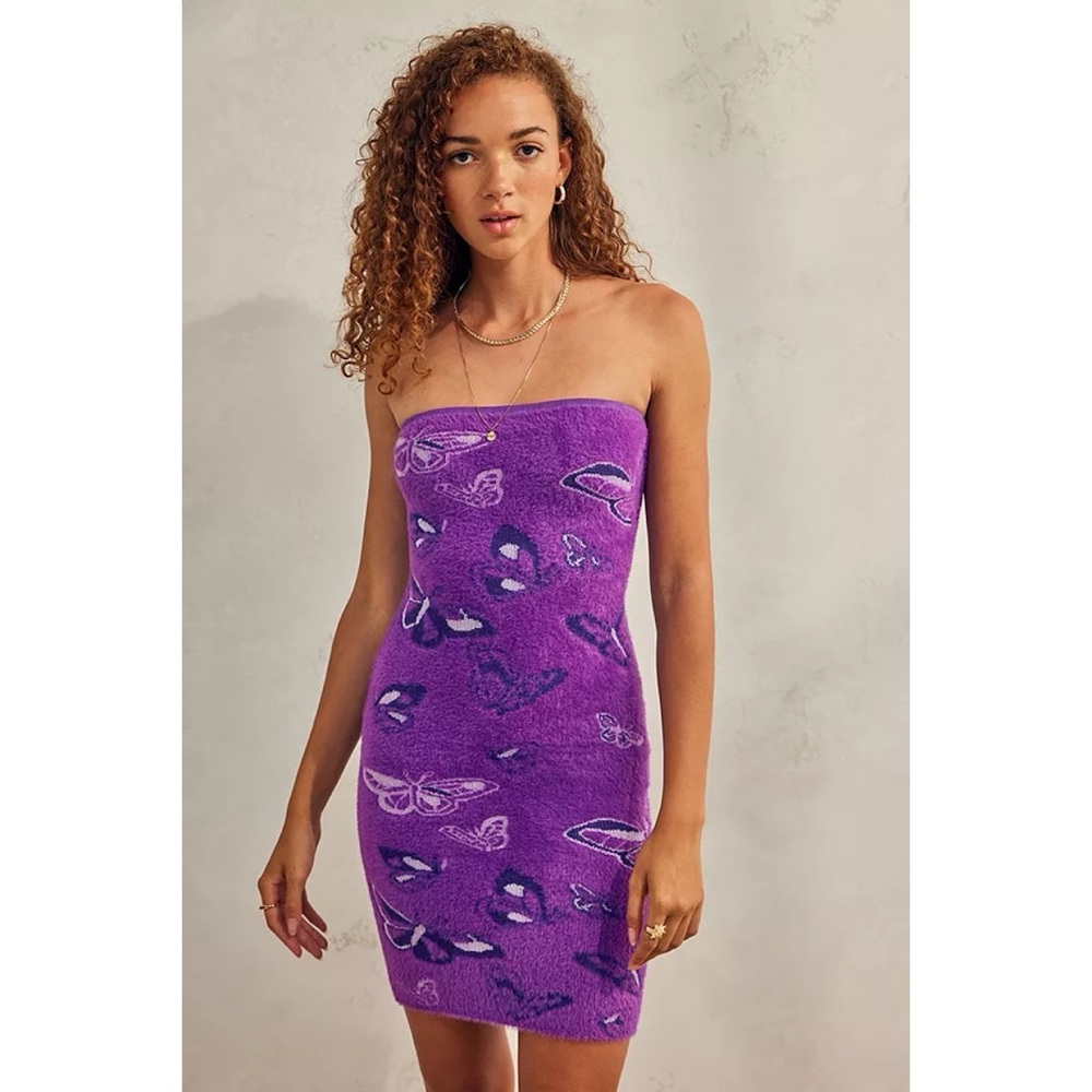 House of Sunny Crazy Town Hockney Strapless Tube Dress, Purple Heat, Small, NWT - Picture 2 of 9